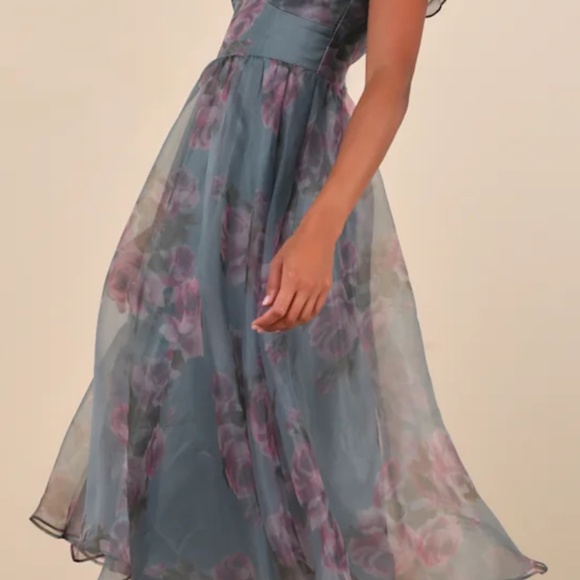 Lulus Mesmerizing Mood Slate Floral Organza Ruffled A-line Midi Dress Grey - Picture 5 of 5